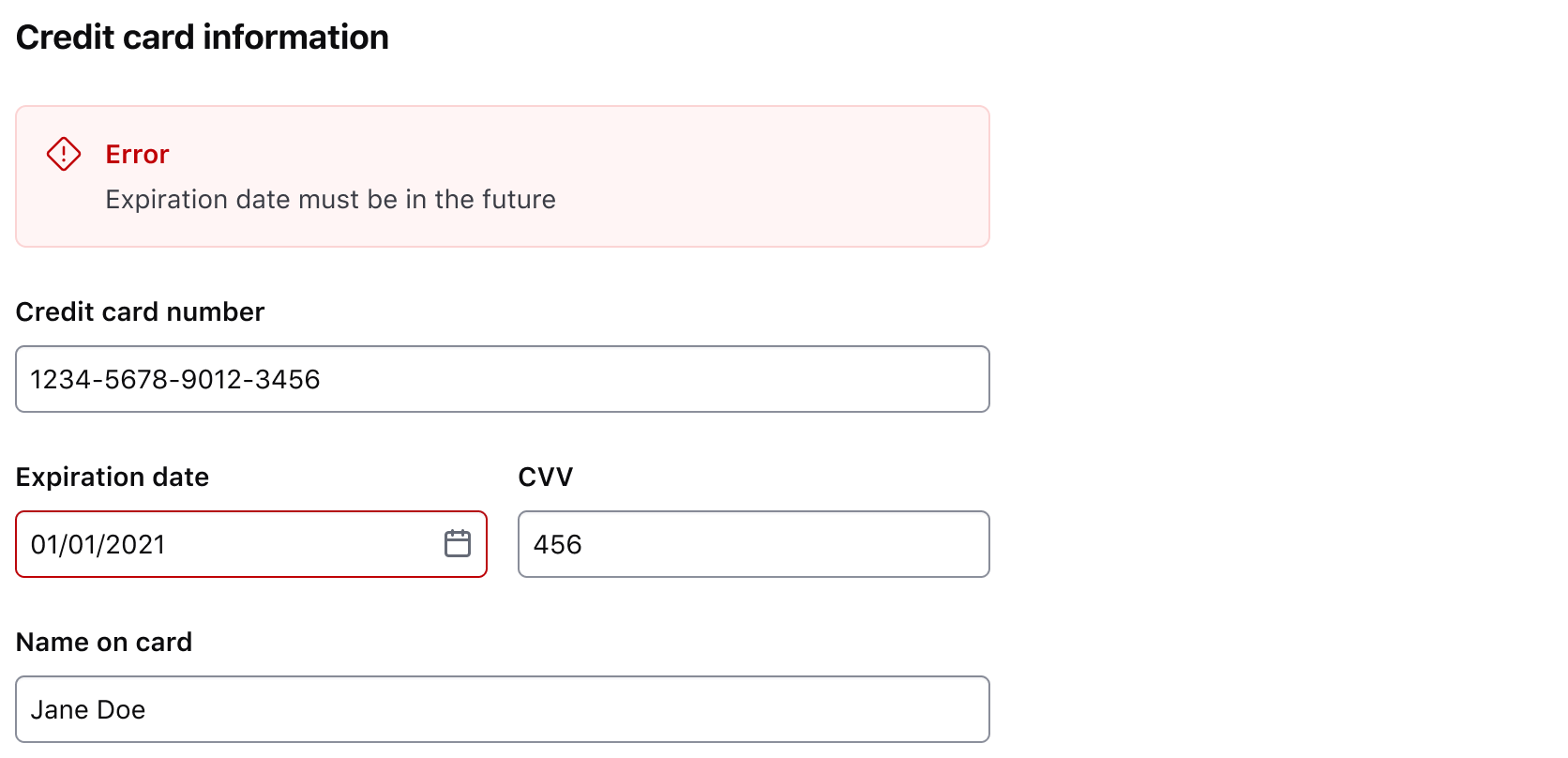 Credit card info form with a single field-level error and duplicative form-level alert